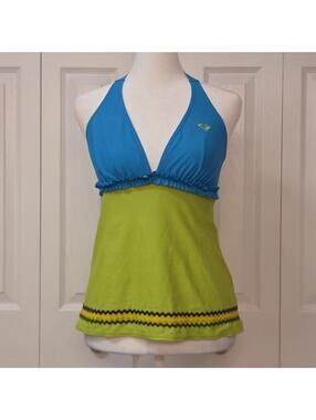 Vintage Y2K Blue Green Tankini Halter Top Roxy Quiksilver S Japanese Retro Surf